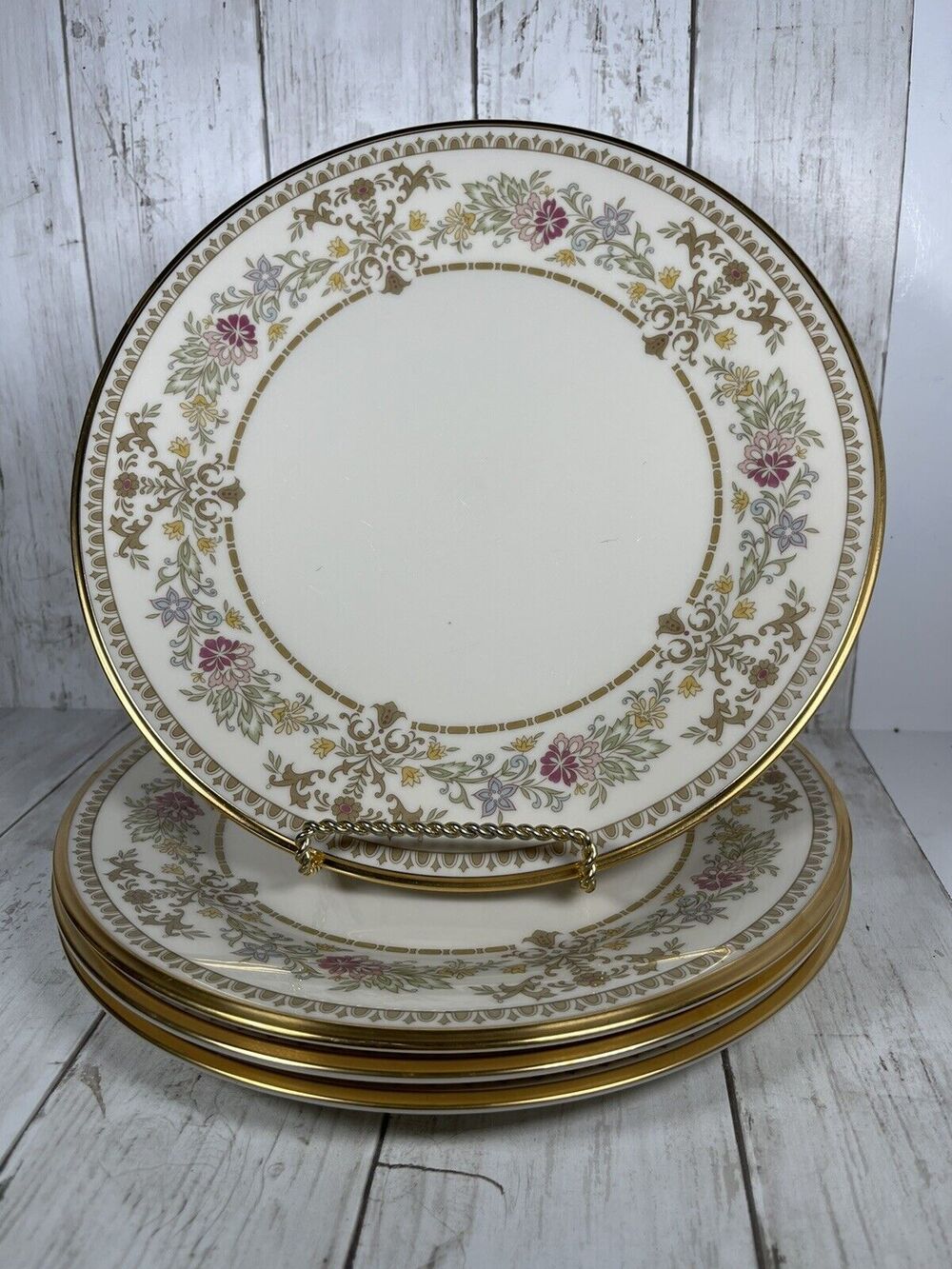 Set Of 4 Lenox Castle Garden Dinner Plate 10 1/2" Gold Rim Made In USA